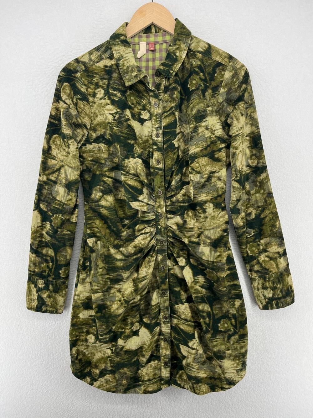 PILCRO Dress 6 ANTHROPOLOGIE Ruched Floral Corduroy Button Up Shirtdress Green